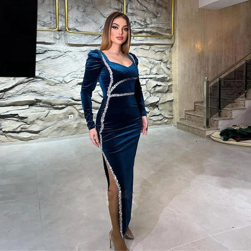 Long Sleeves Evening Dresses Velvet Mermaid Side Split Sexy Vestidos De Novia Square Neck Cocktail Party Prom Gowns,LW042