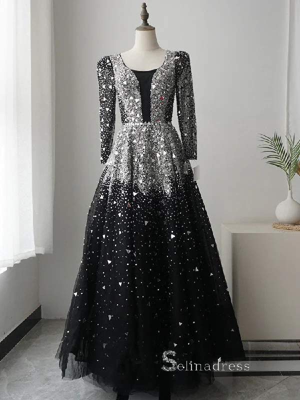 A-line Black Scoop Long Sleeve Rhinestone Sparkly Luxury Long Prom Dresses Evening Dresses ASB022 A-line Black Scoop Long Sleeve Rhinestone Sparkly Luxury Long Prom Dresses Evening Dresses ASB022