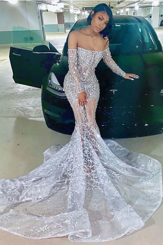 Long Sleeve Off The Shoulder Silver Black Girl Prom Dresses Mermaid Sexy Illusion Beads Crystals Evening Gowns Cheap,DS4575 Long Sleeve Off The Shoulder Silver Black Girl Prom Dresses Mermaid Sexy Illusion Beads Crystals Evening Gowns Cheap,DS4575