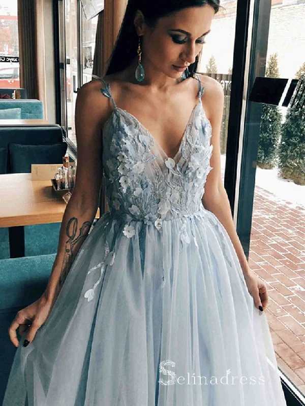 Chic A-line Spaghetti Straps Light Sky Blue Long Prom Dresses Evening Dresses MLH1250