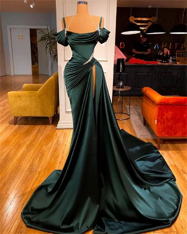 Sexy Dark Green Satin Mermaid Prom Dresses 2022 Spaghetti Straps Pleats Seep Train Formal Evening Occasion Pageant Gowns,DS4568 Sexy Dark Green Satin Mermaid Prom Dresses 2022 Spaghetti Straps Pleats Seep Train Formal Evening Occasion Pageant Gowns,DS4568