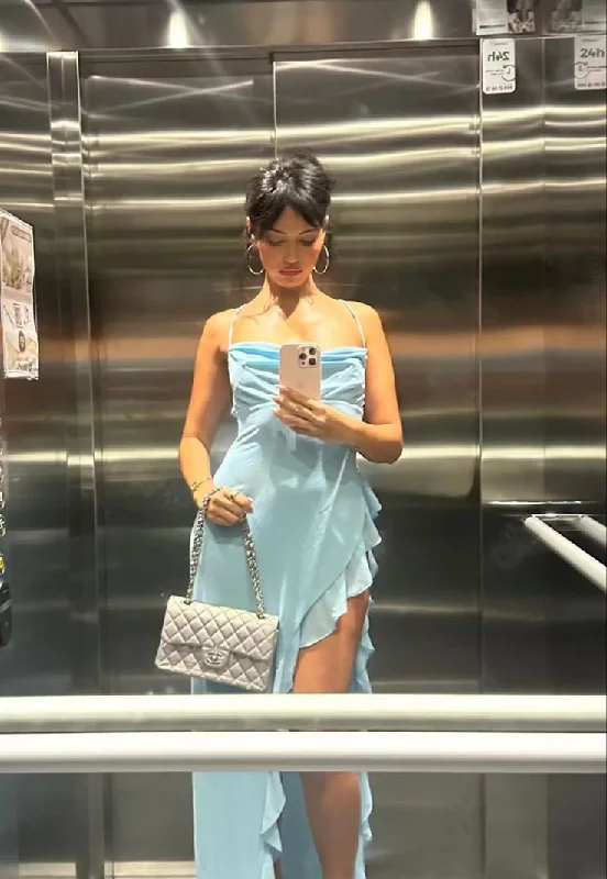 Spaghetti Straps Blue Chiffon Slit Ruffles Party Dress Sexy Prom Evening Gown cc2173 Spaghetti Straps Blue Chiffon Slit Ruffles Party Dress Sexy Prom Evening Gown cc2173