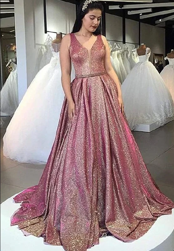 Stunning V Neck Sleeveless A Line Prom Dress with Sequins    cg17313