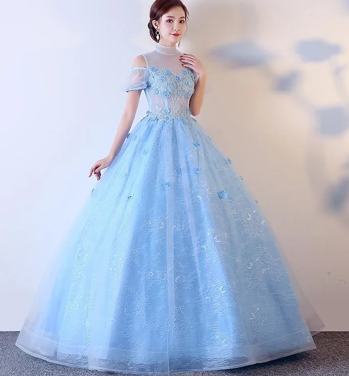 Light Blue Lace High Neck Lace Applique Ball Gown, Lace Sweet 16 Dress, Prom Dress cg17199 Light Blue Lace High Neck Lace Applique Ball Gown, Lace Sweet 16 Dress, Prom Dress cg17199
