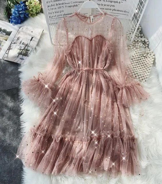 Star Sequined Long-Sleeve Layered Mesh A-Line Dress Prom Dress    cg17100