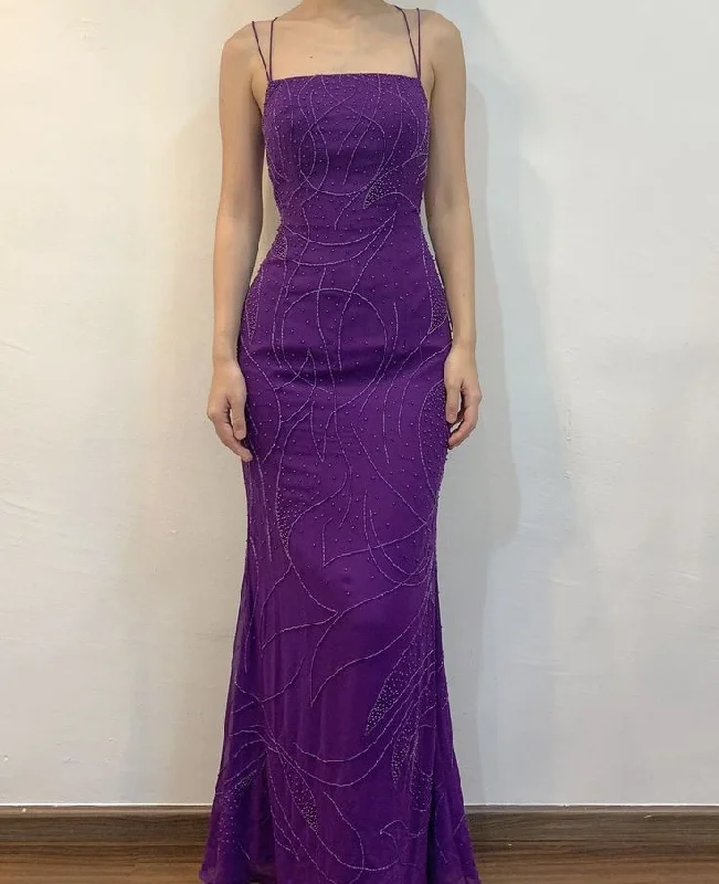 Pretty Spaghetti Straps Mermiad Beaded Evening Dress Purple Long Party Prom Dress cc2151
