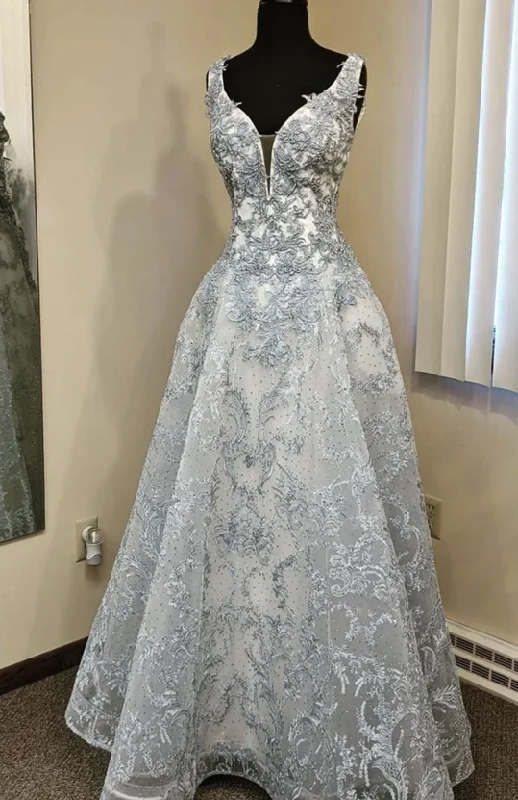 Grey lace long A line prom dress evening dress    cg17271