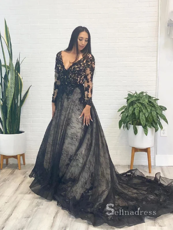 Chic A-line V neck Lace Long Sleeve Prom Dresses Black Plus Size Wedding Dresses MLK04886 Chic A-line V neck Lace Long Sleeve Prom Dresses Black Plus Size Wedding Dresses MLK04886
