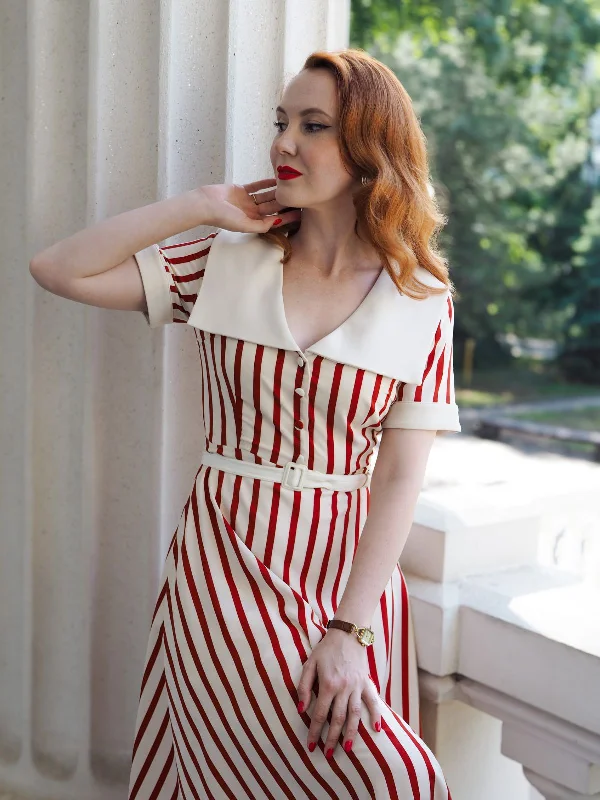 Red 1940s Lapel Vertical Stripes Dress