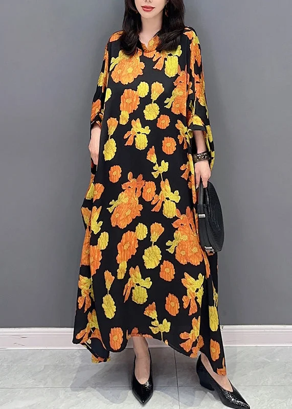 Plus Size Yellow Stand Collar Maxi Dresses Spring