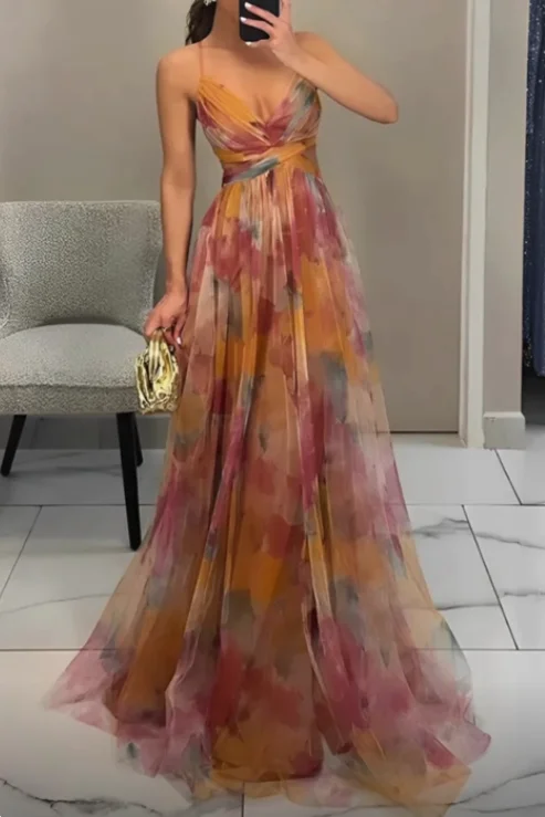 Beautiful Straps Tulle Print Long Prom Dress Formal A Line Evening Dress cc2188