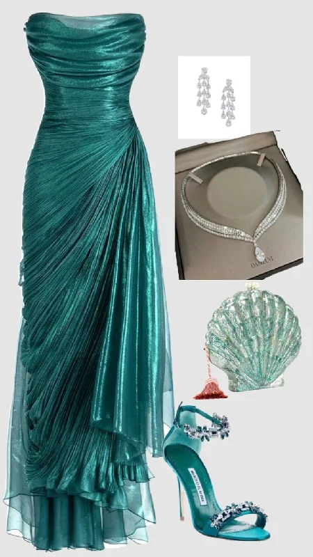 Unique Green Strapless Tulle Ruched Evening Gown Long Party Prom Dress cc2179