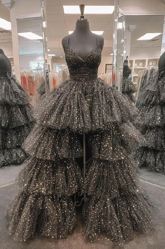 Black tulle high low prom dress black evening dress   cg17002