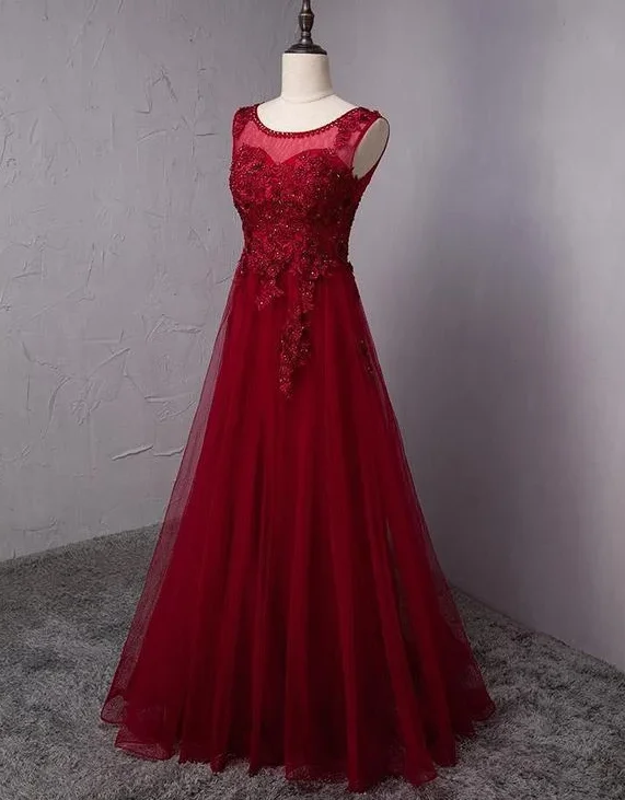 Wine Red Round Neckline Beaded Long Party Dress, Burgundy Tulle Prom Dress 2021 cg17275 Wine Red Round Neckline Beaded Long Party Dress, Burgundy Tulle Prom Dress 2021 cg17275