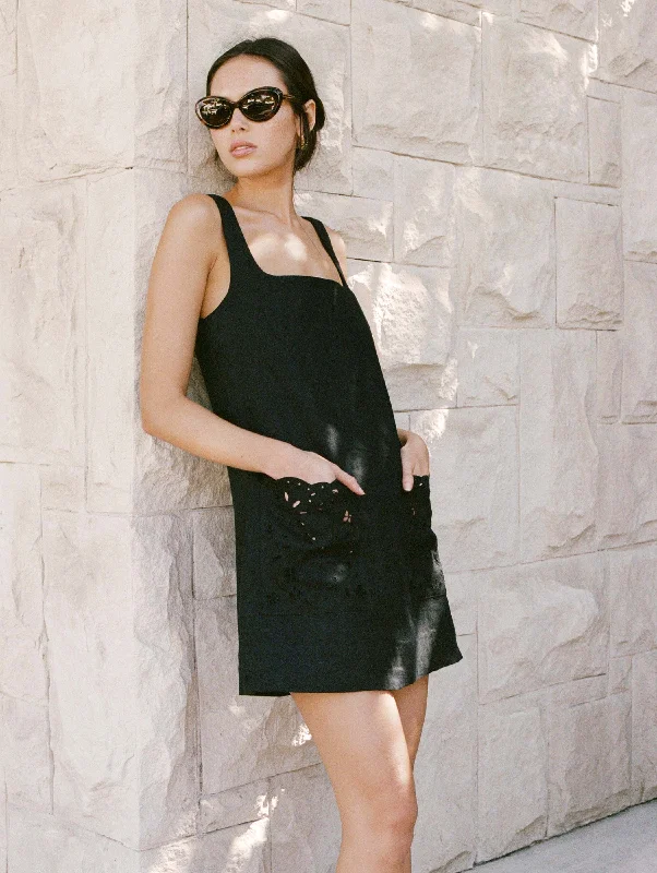 PEONY Embroidered Shift Mini Dress in Ebony