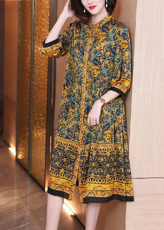 Natural Yellow Stand Collar Print Button Silk Maxi Shirts Dress Spring