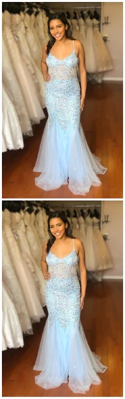 Mermaid Spaghetti Straps Sleeveless Blue Prom Dress with Beading    cg17286