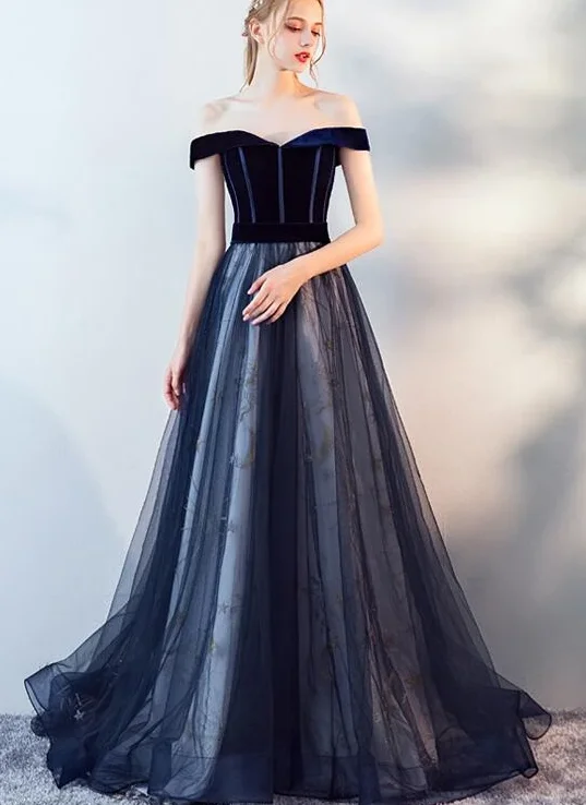 Navy Blue Off Shoulder Tulle With Velvet Long Party Dress, Blue Prom Dress, Evening Dress cg17201 Navy Blue Off Shoulder Tulle With Velvet Long Party Dress, Blue Prom Dress, Evening Dress cg17201