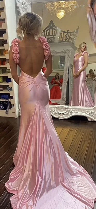 Charming Pink Rose Straps Evening Dress Mermaid Formal Prom Party Gown cc2141