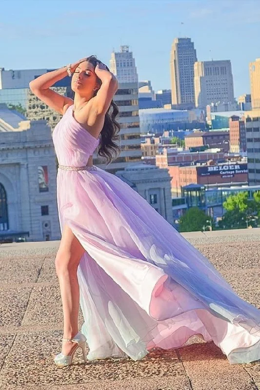 One shoulder purple ombre tulle long prom dress with beaded sash and side slit cg17211 One shoulder purple ombre tulle long prom dress with beaded sash and side slit cg17211