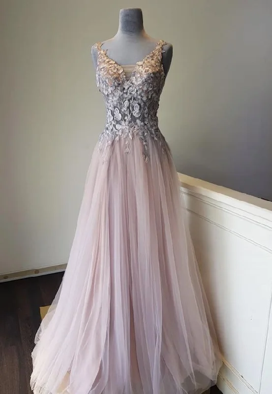 Pink v neck lace long prom dress evening dress,   cg17218
