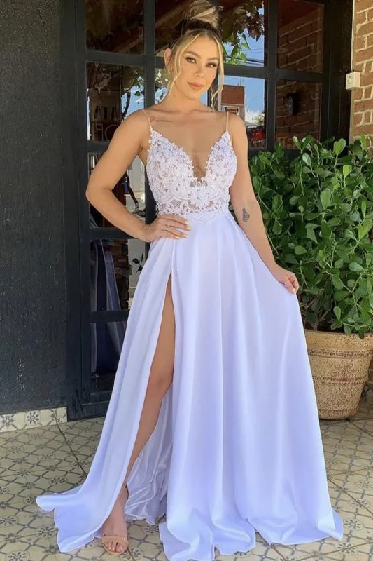 Elegant lace plung neck boho dresses side split prom dress with spaghetti straps     cg17142