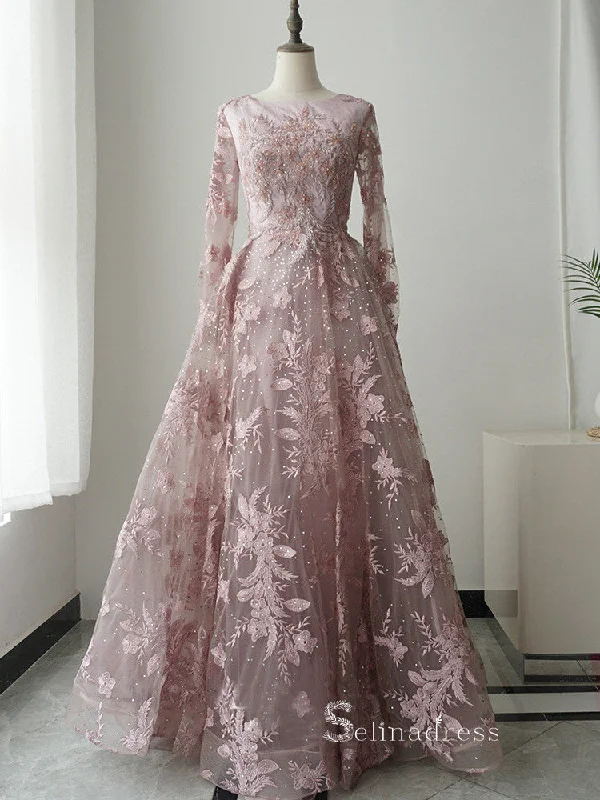 A-line Pink Embroidery Lace Long Sleeve Luxury Prom Dresses Evening Dresses ASB013