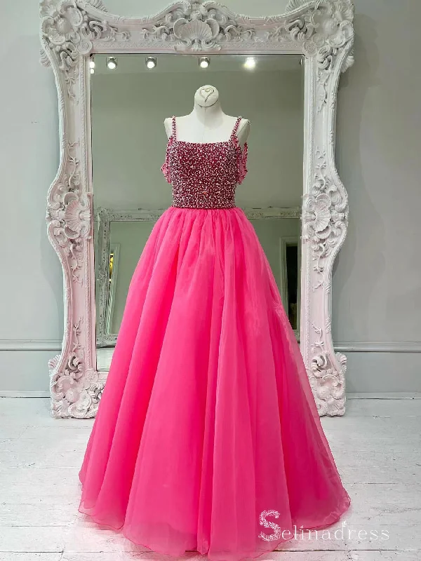 Chic A-line Straps Beaded Long Prom Dresses Fuchsia Evening Dresses MLH2010