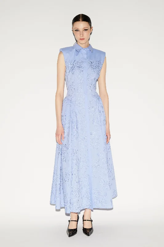 ALAIN DRESS BLUE EMBROIDERED COTTON