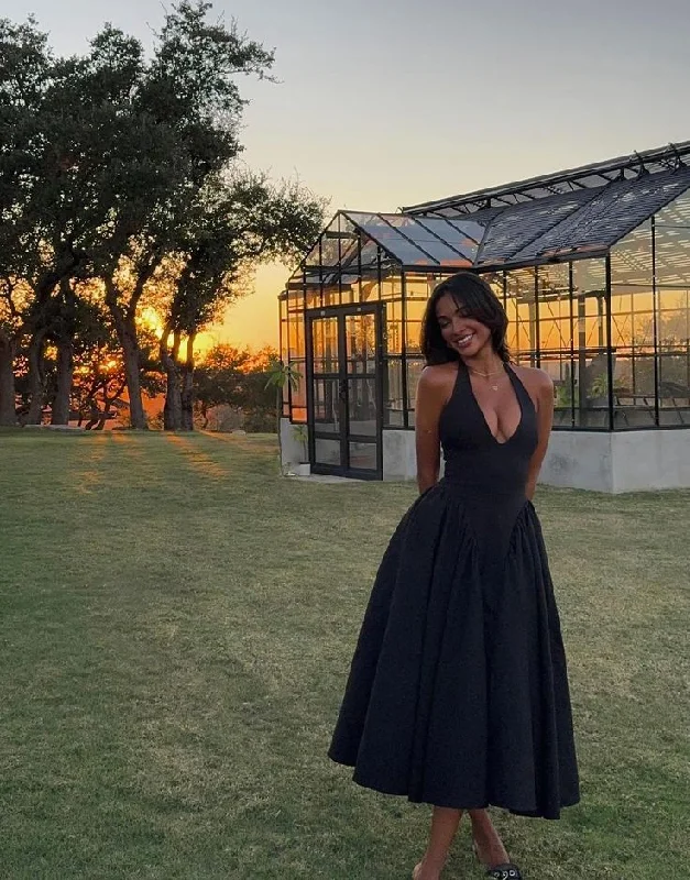 Black Halter V Neck Satin Evening Dress A Line Party Prom Dress cc2210