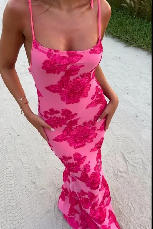 Gorgeous Pink Satin Print Floral Evening Dress Long Mermaid Prom Party Dress cc2139