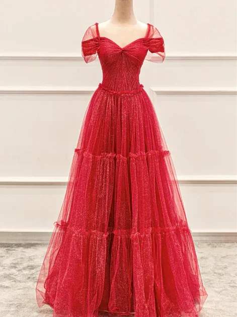 Pretty Red Tulle Off The Shoulder Evening Dress Shiny Sweetheart Prom Party Dress cc2192 Pretty Red Tulle Off The Shoulder Evening Dress Shiny Sweetheart Prom Party Dress cc2192