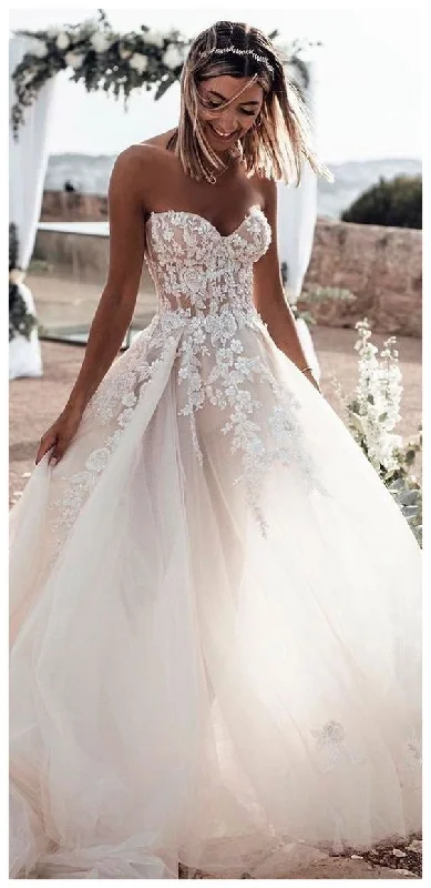 A-Line Long Prom Dresses Ball Gown Sweetheart Open Back Ivory Tulle Wedding Dresses with Appliques cg17121 A-Line Long Prom Dresses Ball Gown Sweetheart Open Back Ivory Tulle Wedding Dresses with Appliques cg17121