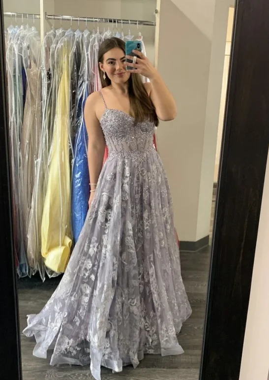 Grey tulle sequins long A line prom dress evening dress   cg17329