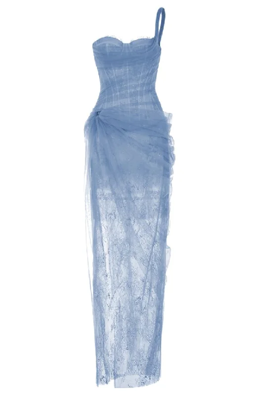 Pretty Blue One Shoulder Lace Tulle Evening Dress Long Prom Dress cc2172