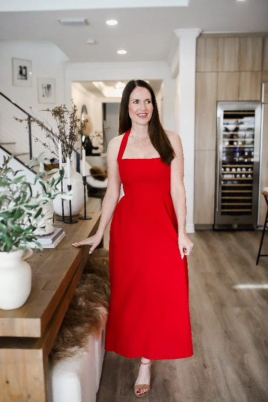 Devine Ruched Halter Neck Midi Dress