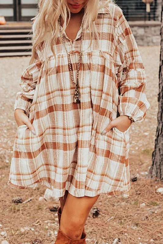 Plaid Collared Neck Long Sleeve Mini Shirt Dress WH