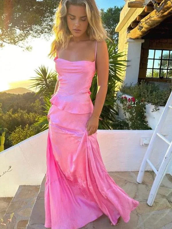 Charming Spaghetti Straps Pink Long Prom Dress Mermaid Evening Dress cc2134