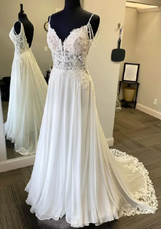 White v neck chiffon lace long prom dress, white evening dress   cg17128