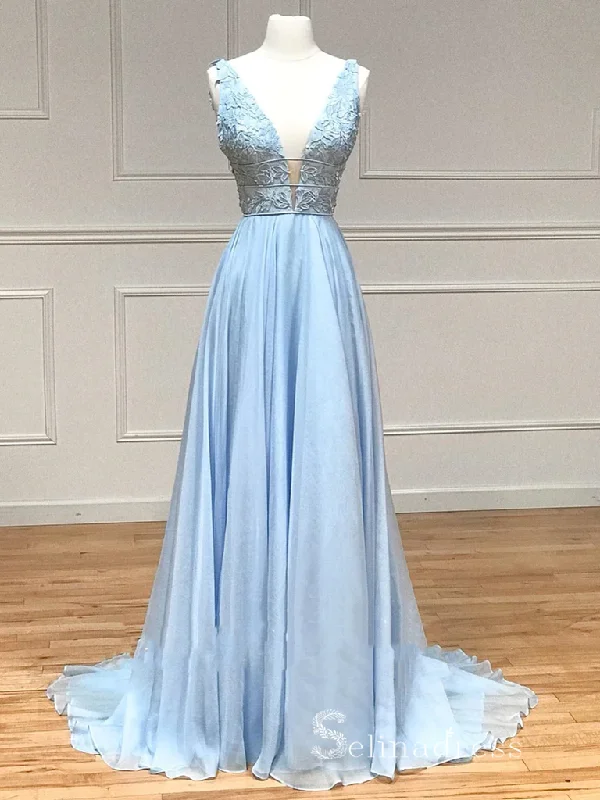 Chic A-line Gorgeous Long Prom Dresses V neck Light Sky Blue Evening Dresses MLH1233 Chic A-line Gorgeous Long Prom Dresses V neck Light Sky Blue Evening Dresses MLH1233