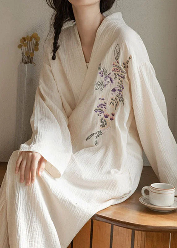 Style White Embroideried Lace Up Patchwork Cotton Dress Long Sleeve