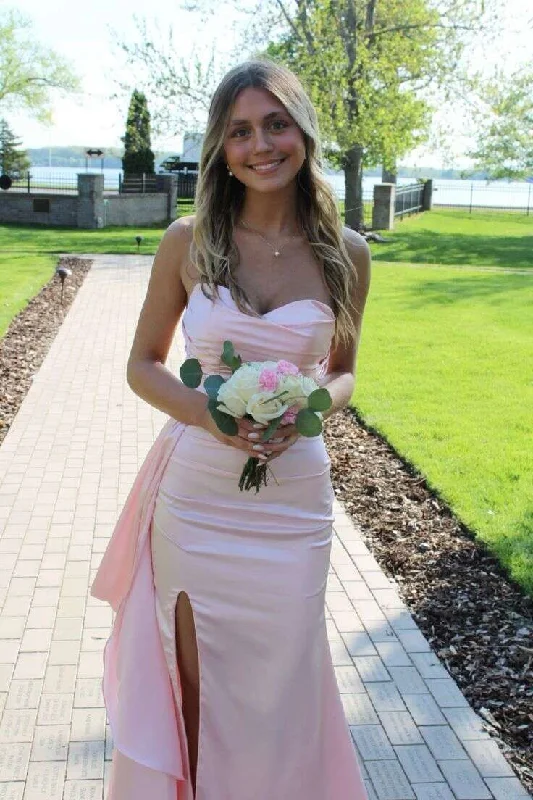 Pink Sweetheart Neck  Mermaid Ruffles Slit Evening Dress Formal Prom Dress cc2140