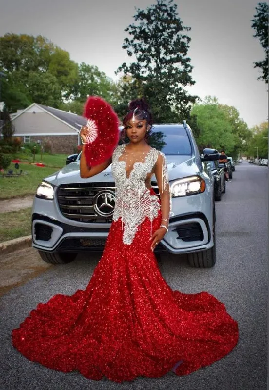 Red Sparkly Long Mermaid Prom Occasion Party Dresses for Black Girl Luxury Diamond Velvet Evening Birthday Gala Dress 2024 Red Sparkly Long Mermaid Prom Occasion Party Dresses for Black Girl Luxury Diamond Velvet Evening Birthday Gala Dress 2024