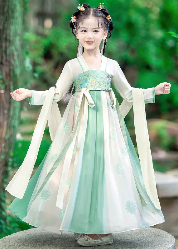 Fashion Green Embroideried Patchwork Tie Waist Kids Girls Long Dress Long Sleeve