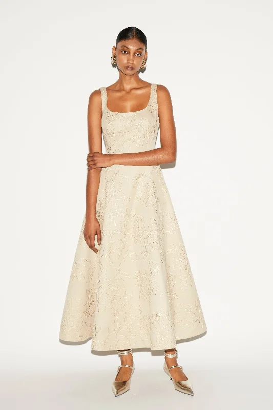LILOU DRESS CAMEL EMBROIDERED COTTON GABARDINE