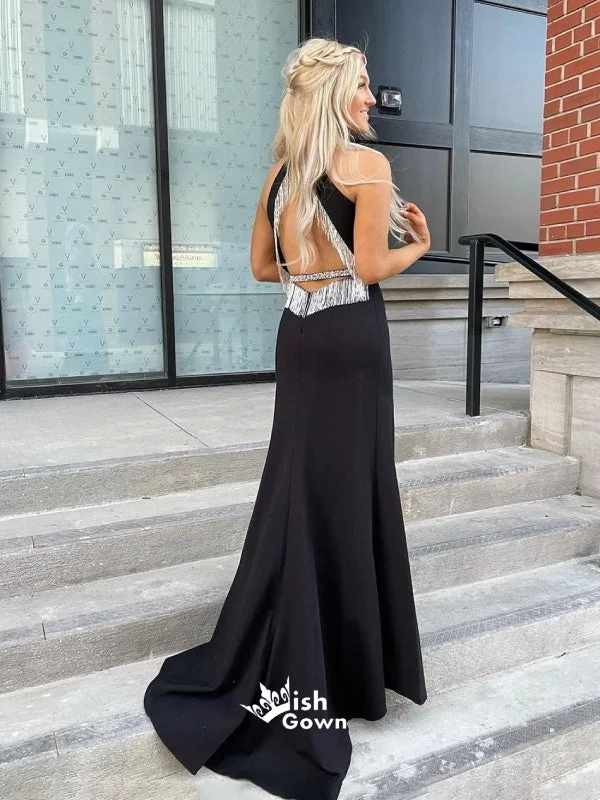Chic Black Halter Backless Silver Tassels Mermaid Slits Evening Gowns Prom Dresses , WGP154 Chic Black Halter Backless Silver Tassels Mermaid Slits Evening Gowns Prom Dresses , WGP154