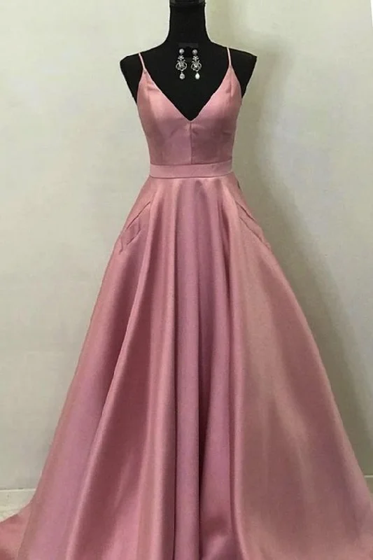 Simple Pink Satin V Neck Long A Line Pocket Prom Dress, Party Dress   cg17318