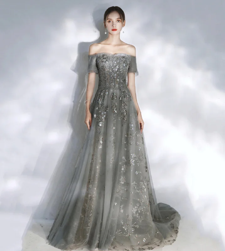GREY SEQUINS LONG A LINE PROM DRESS EVENING DRESS    cg17241