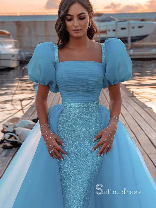Chic A-line Blue Long Prom Dresses Square Neck Organza Evening Dresses MLH1212