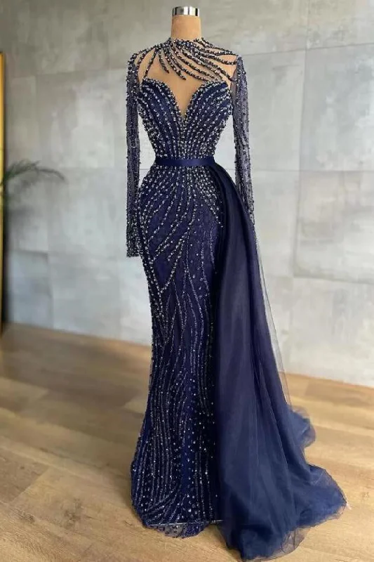 Stylish High Neck Navy Mermaid Evening Dress with Detachable Tulle Train Crystals Beads Long Prom Dress,F04833 Stylish High Neck Navy Mermaid Evening Dress with Detachable Tulle Train Crystals Beads Long Prom Dress,F04833